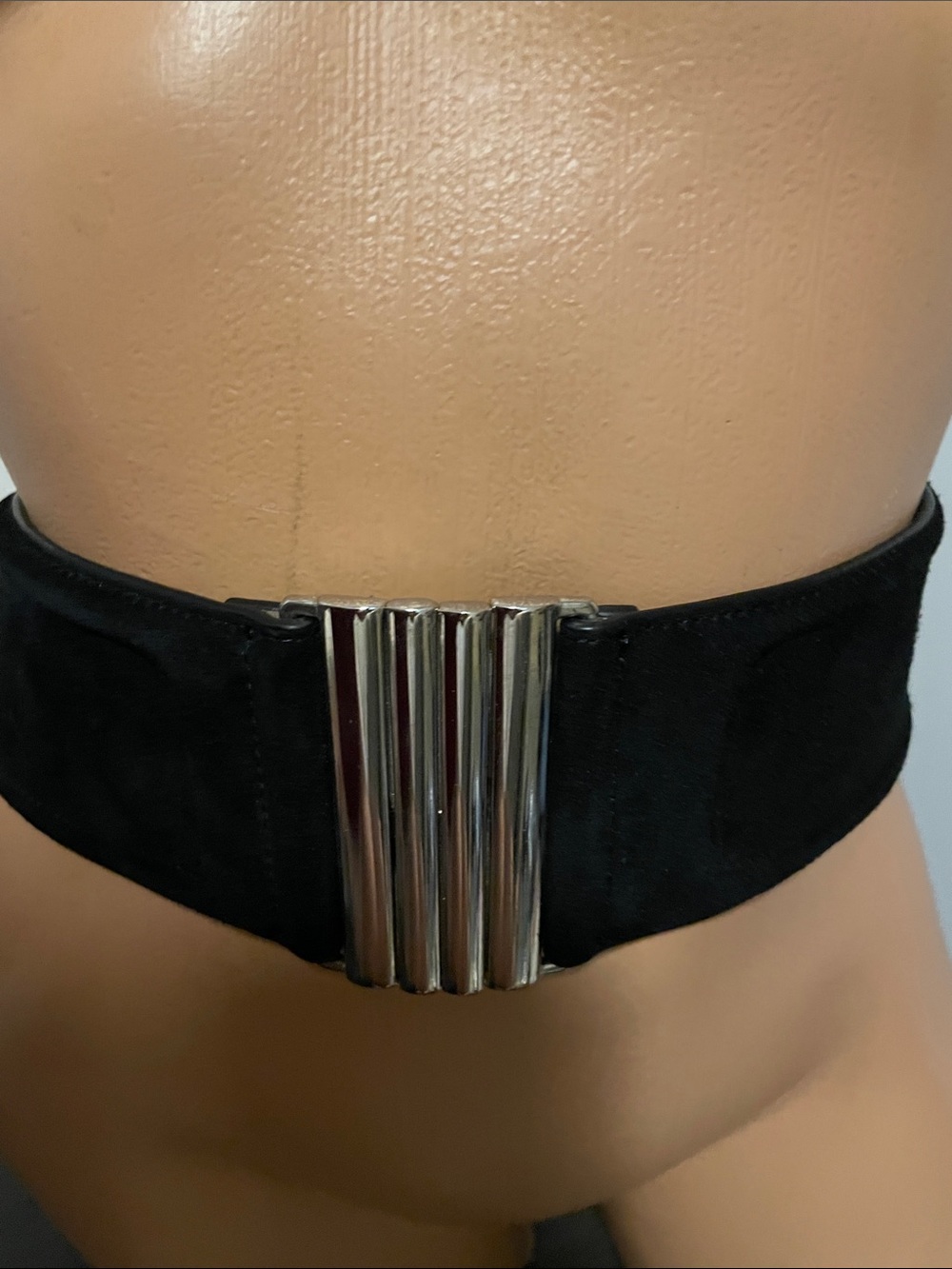 Ann Taylor Stretch Belt L-Wide Black Suede Belt with Silver Hardware